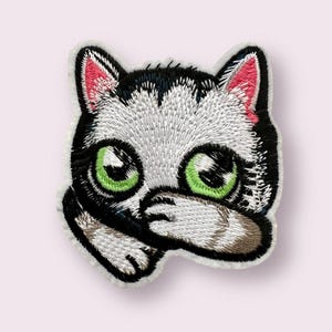 Peeking Cat Iron-on Patch, Peeping White Cat Iron-on Patch, Embroidered Cat Applique, Motif, DIY Embroidery