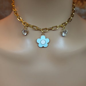 Gold Flower Charm Choker, Rhinestone Flower Necklace, Flower Jewelry, Gold Flower Charm Necklace, Chunky Chain Choker, Pastel Flower Choker
