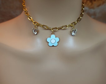 Gold Flower Charm Choker, Rhinestone Flower Necklace, Flower Jewelry, Gold Flower Charm Necklace, Chunky Chain Choker, Pastel Flower Choker