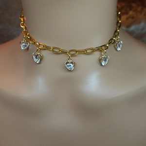 Gold Silver Heart Charm Rhinestone Necklace, Gold Rhinestone Choker, Silver Heart Crystal Choker, Elegant Heart Necklace, Elegant Jewelry