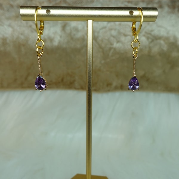 Elegant Gold Purple Teardrop Earrings, Gold Purple Dangle Earrings, Dainty Gold Earrings, Gold Purple Crystal Earrings, Elegant Earrings