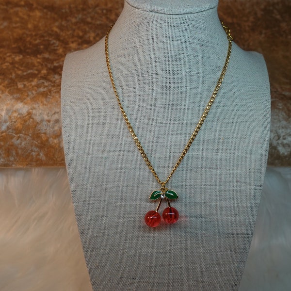 Cherry Gold Red Rhinestone Necklace, Cherry Gold Necklace, Cherry Red Gold Jewelry, Cherry Red Necklace, Fruit Necklace, Cherry Jewelry
