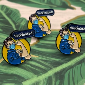 Rosie The Riveter Vaccinated Enamel Pin Set - Black Metal (3 Pack)