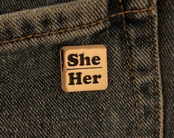 She/Her Pronoun Lapel Pin: Polished Silver Enamel