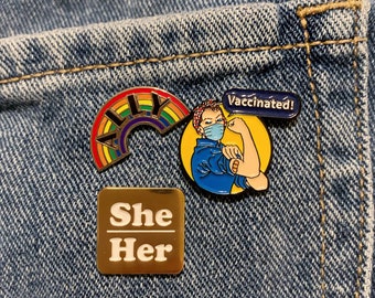Unique 3 Pack Rosie The Riveter Vaccinated, She/Her Pronoun Ally Lapel Pin Set