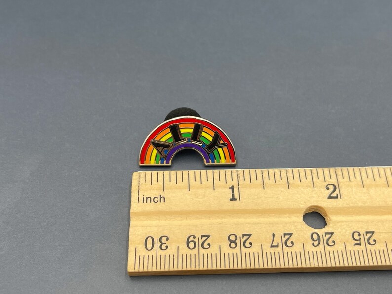 May include: A rainbow-colored enamel pin with the word "ALLY" in black letters. The pin is in the shape of a rainbow and measures approximately 1 inch in length. The pin is on a gray surface.