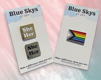 She/Her Pronoun & Progress Pride Flag Lapel Pin Set - Gold and Silver