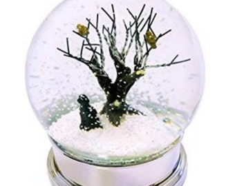 festive themed Wintered Scene Snowglobe with an added black Labrador sitting Dog