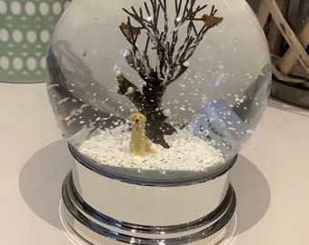 festive themed Wintered Scene Snowglobe with an added golden  Labrador sitting Dog