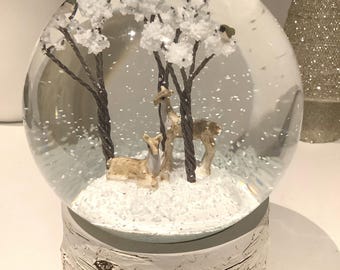 Musical Deer Snowglobe, Birch Wood Base, Winter Scene