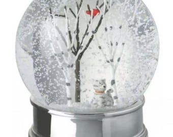 Beautiful glass Snow Globe with small cat birds and trees truly beautiful piece silver base