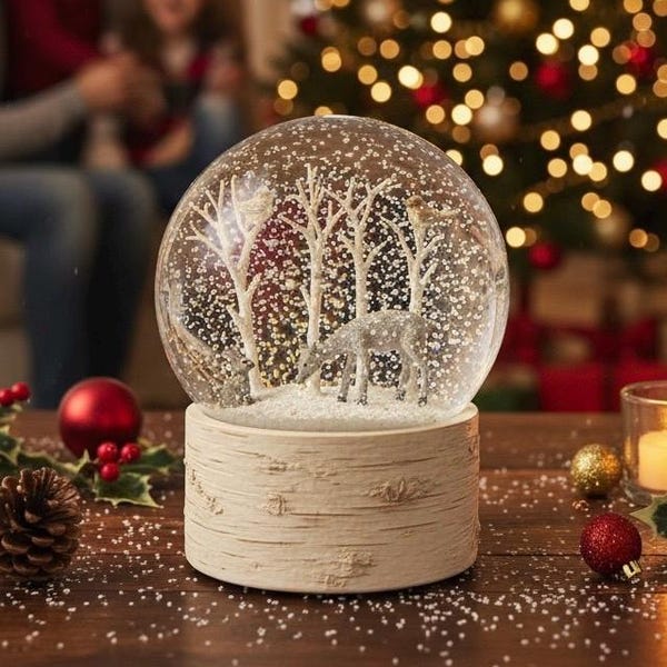 Personalisable Musical Snow Globe forest friends Woodland Animals: Birch Base, Holiday Decor Snowglobe