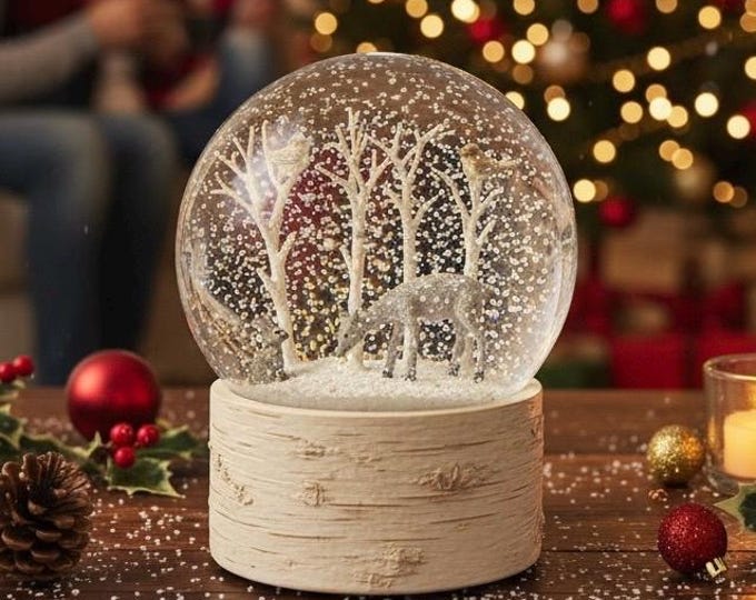 Personalisable Musical Snow Globe forest friends Woodland Animals: Birch Base, Holiday Decor Snowglobe