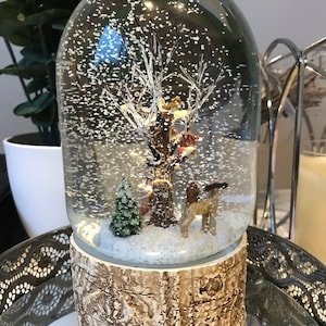 Woodland Musical Animals Christmas glass Snow Globe Water ball fox, Deer, Squirrel, Birds, Trees Birch Base Enchanted Forest