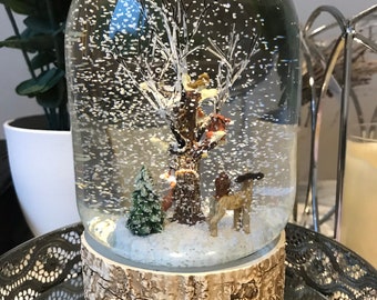 Woodland Musical Animals Christmas glass Snow Globe Water ball fox, Deer, Squirrel, Birds, Trees Birch Base Enchanted Forest