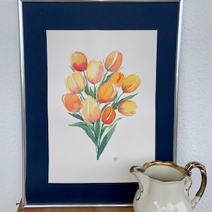 INCORNICIATO DA TAVOLO acquerello originale "Bouquet tulipani" 30x40cm. Carta Canson 300gr.