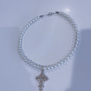 Handmade Pearl Necklace w/ Upcycled Cross Pendant