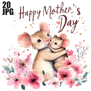 20 schattige Happy Mothers Day clipart, muis clipart, moeder clipart, hoge kwaliteit JPG, Junk Journal, digitale download, Paper Craft, kaarten maken