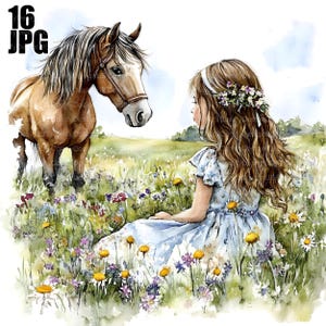 16 Girl & Horse Clipart, Cute Animal Clipart, High Quality JPGs, Watercolor Clipart, Junk Journal, Digital Download, Paper Craft, Printable