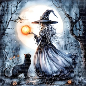 May include: Watercolor illustration of a witch in a black dress and hat, holding a glowing orb. A black cat sits nearby, with a full moon in the background. The scene is set in a dark forest with bare trees and jack-o'-lanterns, perfect for Halloween.