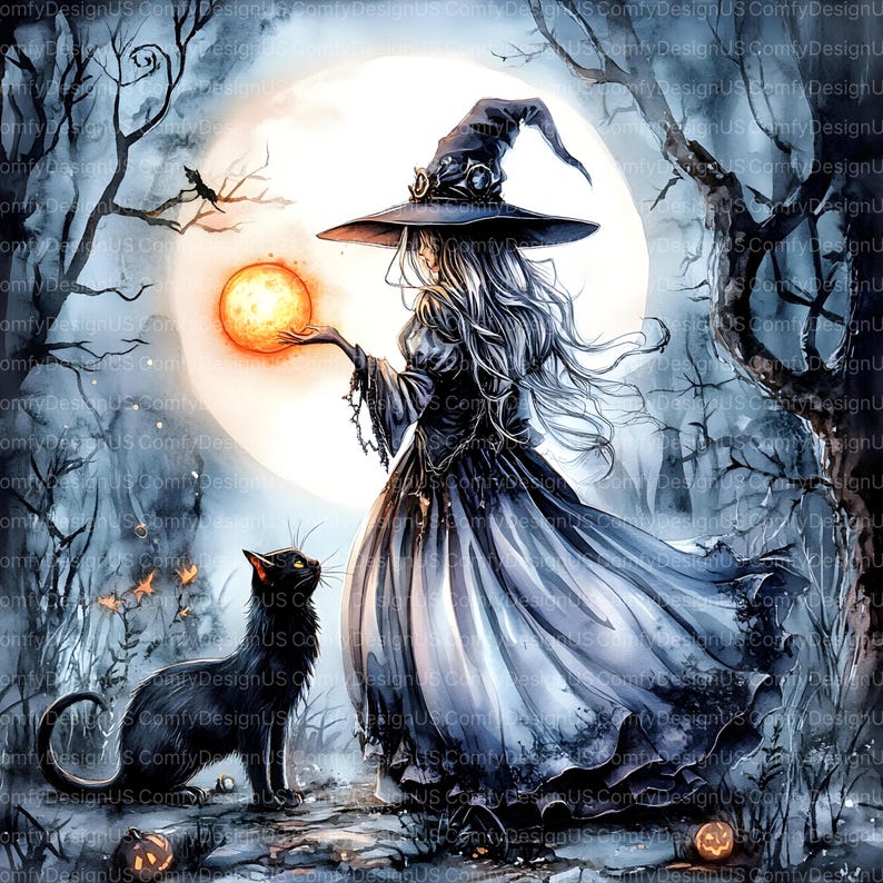 May include: Watercolor illustration of a witch in a black dress and hat, holding a glowing orb. A black cat sits nearby, with a full moon in the background. The scene is set in a dark forest with bare trees and jack-o'-lanterns, perfect for Halloween.