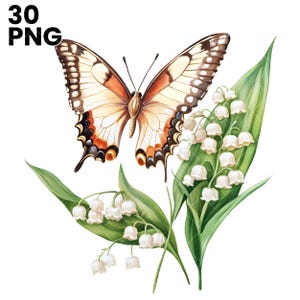 30 clipart papillon muguet, PNG, papillon floral, clipart aquarelle, haute qualité PNG en téléchargement numérique Junk Journal