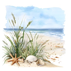 May include: A watercolor painting of a beach scene with green grass, seashells, and a starfish on the sand. The background shows a blue ocean and sky.