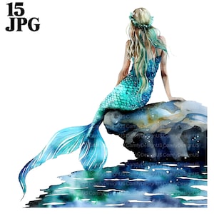 15 cliparts aquarelle sirène, sirène sur rocher, sirène sur pierre, clipart aquarelle imprimable, fichiers JPG de haute qualité, téléchargement numérique, créations manuelles