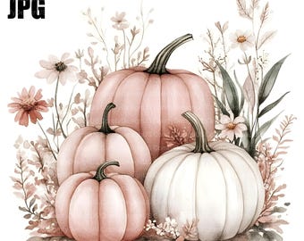 20 Blush Pink Pumpkin Clipart, Watercolor Pumpkin, Autumn Clipart, Watercolor Clipart, Junk Journal, Digital Download, Paper Craft, JPG