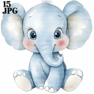 15 Clipart di elefanti dei cartoni animati, elefantino, elefante carino, clipart di acquerelli stampabili, JPG di alta qualità, download digitale, diario spazzatura