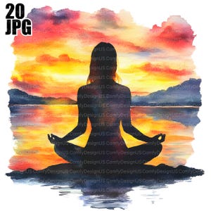 20 Yoga Clipart, Woman Meditating, Meditation Clipart, High Quality JPGs, Watercolor Clipart, Junk Journal, Digital Download, Paper Craft