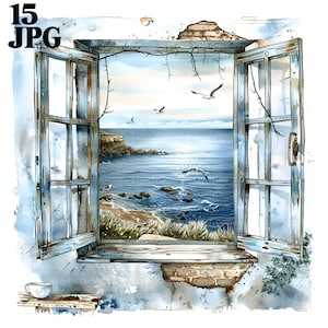 15 Clipart con vista sull'oceano dalla finestra, Vista mare dalla finestra, Clipart acquerello stampabile, JPG di alta qualità, Download digitale, Carta da parati, Diario di carta riciclata