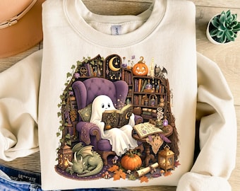 Ghost Reading & Sleeping Dragon, Romantasy PNG File, Ghostly Bookish, Fantasy Library Png, Book Lover Gift, Halloween Sublimation Designs