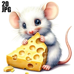 Cute Mouse Clipart, 20 High Quality JPGs, Mouse Graphics, Cheese Clipart, Watercolor Clipart, Junk Journal, Digital Download, Commercial Use