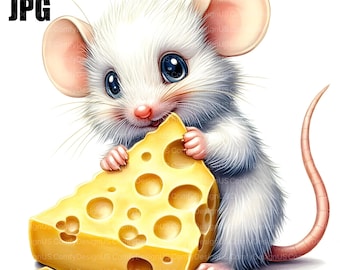 Cute Mouse Clipart, 20 High Quality JPGs, Mouse Graphics, Cheese Clipart, Watercolor Clipart, Junk Journal, Digital Download, Commercial Use