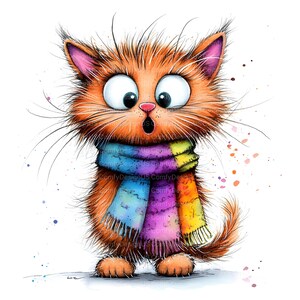 Op de afbeelding: Een illustratie van een oranje kat met grote ogen en een verbaasde uitdrukking. De kat draagt een kleurrijke sjaal met blauwe, paarse, gele en groene tinten. Aquarelverfspatten omringen de kat en dragen bij aan het speelse ontwerp.
