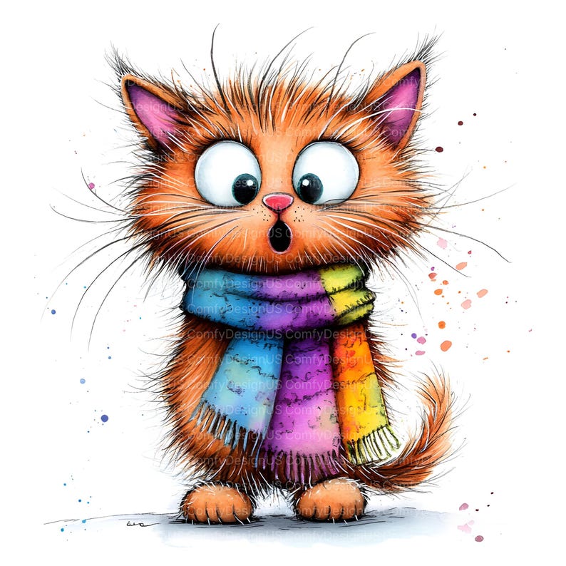 Op de afbeelding: Een illustratie van een oranje kat met grote ogen en een verbaasde uitdrukking. De kat draagt een kleurrijke sjaal met blauwe, paarse, gele en groene tinten. Aquarelverfspatten omringen de kat en dragen bij aan het speelse ontwerp.