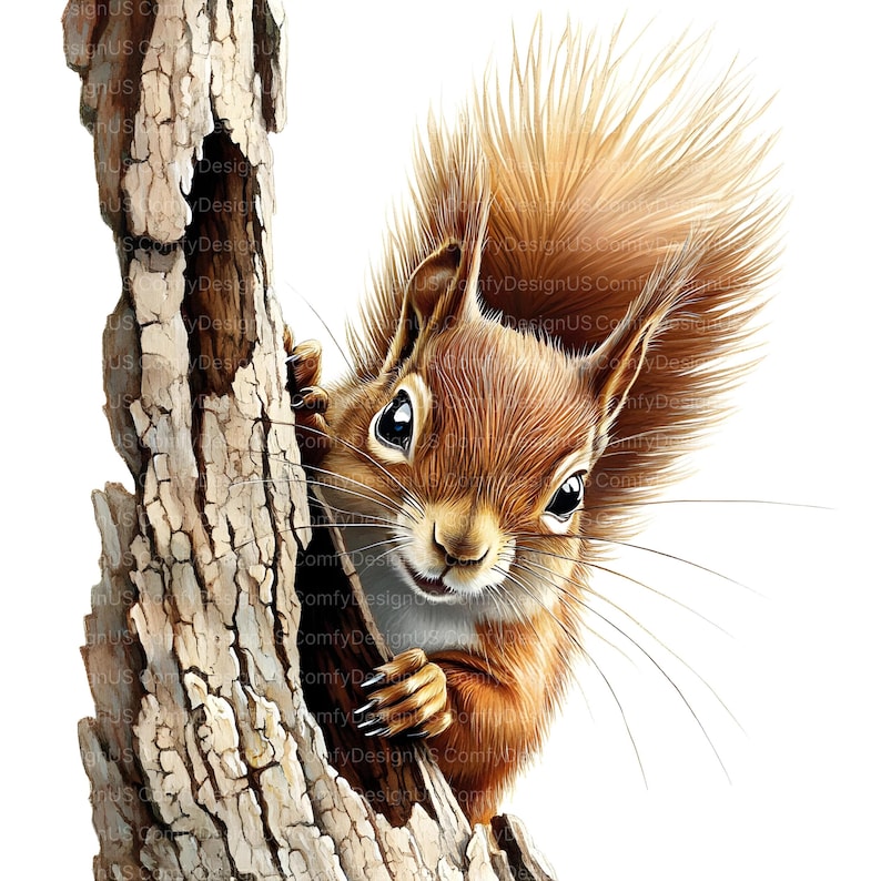 May include: A red squirrel peeks out from behind a tree trunk. The squirrel has a bushy tail and large, dark eyes. The tree trunk is brown and has a rough texture.
