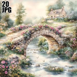 20 oude stenen brug illustraties, vintage brug, rivier clipart, stream clipart, aquarel clipart, junk Journal, digitale download, JPG