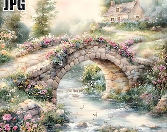 Puede incluir: Un puente de piedra con un arroyo que fluye debajo, rodeado de vegetación exuberante y flores silvestres. Una pequeña cabaña con techo blanco se encuentra en una colina en el fondo.