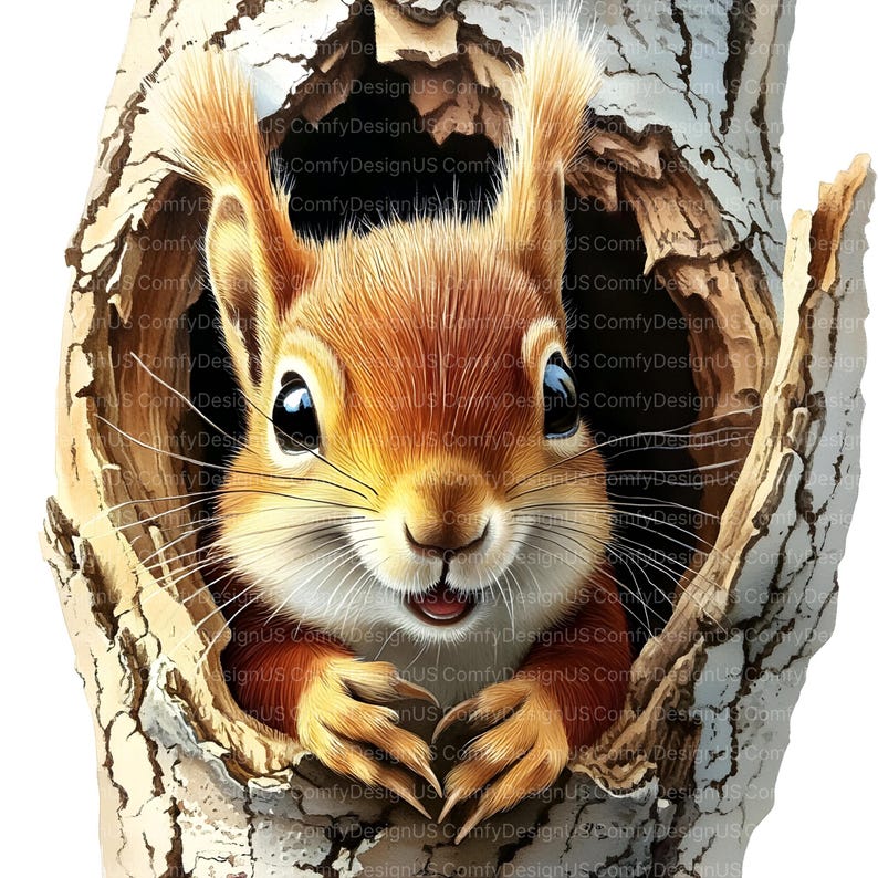 May include: A close-up of a red squirrel peeking out of a tree trunk. The squirrel has a bushy tail and large, dark eyes. It is looking directly at the viewer with a curious expression.