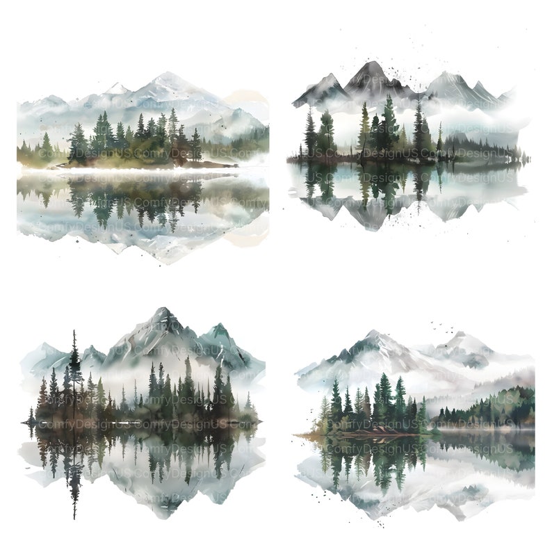 K&ouml;nnte beinhalten: Vier Aquarell-Illustrationen von Gebirgsz&uuml;gen mit schneebedeckten Gipfeln, W&auml;ldern und Seen. Die Berge spiegeln sich im Wasser und erzeugen ein symmetrisches Design.