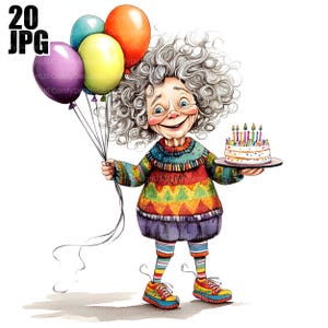 20 Funny Grandma Clipart, Whimsical Birthday Granny, Cute Old Lady, Watercolor Clipart, Junk Journal, Digital Download, Paper Craft, JPG