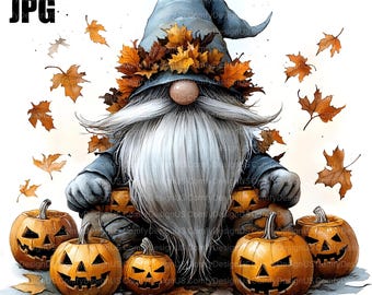 May include: A watercolor illustration of a Halloween gnome with a long white beard and a blue hat adorned with autumn leaves. The gnome is surrounded by carved jack-o'-lanterns and falling leaves, creating a festive autumn scene. The image includes the text "16 JPG".