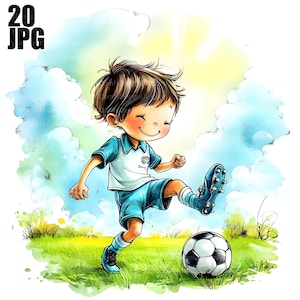20 Whimsical Soccer Boy Clipart, Soccer Clipart, Cute Football Clipart, Watercolor Clipart, Junk Journal, Digital Download, Paper Craft, JPG