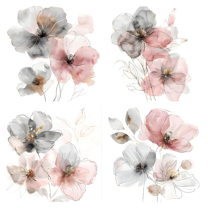 Pu&ograve; includere: Quattro composizioni floreali ad acquerello con fiori rosa e grigi. I fiori sono contornati d'oro e hanno un aspetto morbido e sognante.