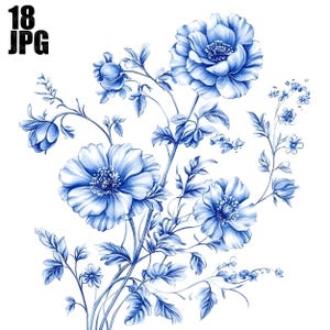 18 Chinoiserie Flowers Clipart, Toile De Jouy, Blue Toile Flowers, Watercolor Clipart, Junk Journal, Digital Download, Paper Craft, JPG