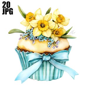 20 cupcakes de flores de primavera, cupcakes de acuarela, archivos JPG de alta calidad, clipart de acuarela, diario basura, descarga digital, manualidades de papel
