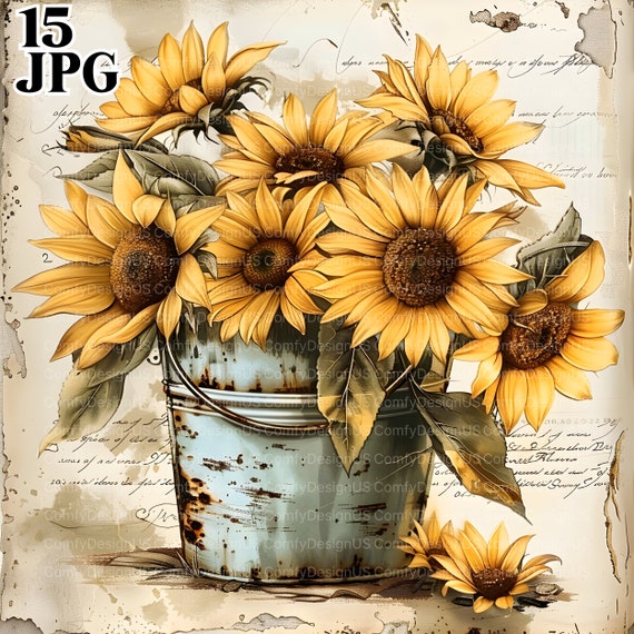 15 Sunflowers Clipart, Flower Pot Clipart, Shabby Chic, Printable Watercolor Clipart, High Quality JPGs, Digital Download, Junk Journal