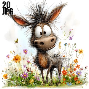 Zerzauste Esel Clip Art, Bauernhof Tier Clipart, 20 hochauflösende JPGs in Aquarellfarben für Junk Journaling, Scrapbooking, Kartenherstellung, digitaler Download